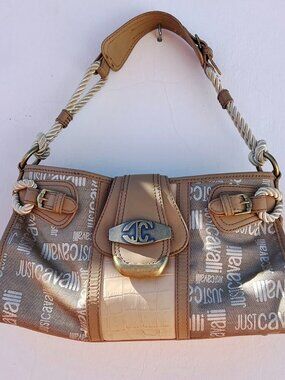 Vintage JUST CAVALLI Spellout Logo Canvas Croc Shoulder Baguette Bag Beige Y2K